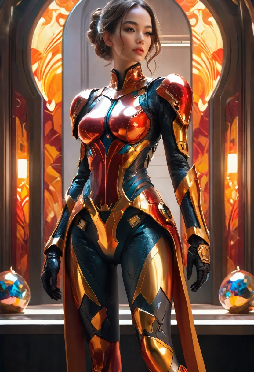 A woman stands in the private reception area, The room is decorated with avant-garde art installations, Brighten up a space with vibrant colors and dynamic patterns. Luxurious futuristic tight combat suit, miniskirt, holding flaming sword. Carved with intricate details. The focus is mainly on her upper body, The frame is elegantly cut at the waist, Highlighting her slender figure and graceful curves. Her face is a blend of delicate mechanical features and perfectly human features.. Fascinating eye details. Well-defined lips, Showing softness, The natural hue complements her overall look. The diffused light highlights her perfect complexion. The room is bathed in stunning HDR lighting, Through the perfect balance of shadows and highlights，Create a dreamy atmosphere. Emphasize intricate details of the surrounding environment through ultra-detail technology, See every small detail with stunning clarity. The textures and materials of the room are rendered with great precision, Showcasing a variety of luxurious surfaces, From smooth glass panels to reflective metal trim. The overall mood of the image is a blend of futuristic decadence and sophistication. Bright and vivid colors, A touch of surrealism，Adds depth and visual interest to the scene.