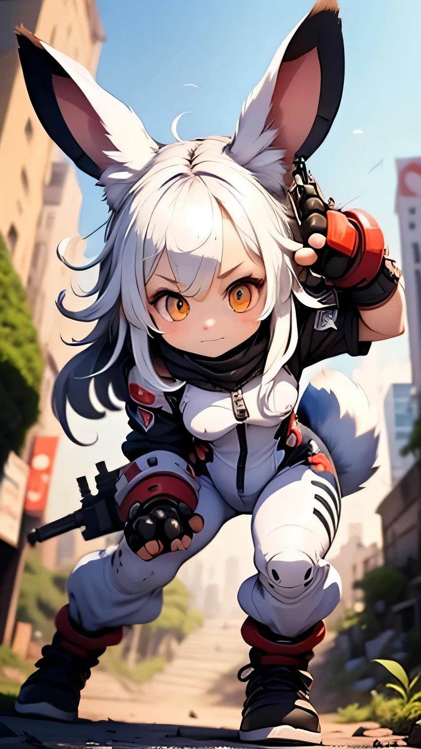 solo,1female\(chibi,cute,kawaii,(white hair:1.7),(very long hair:1.7),bangs,(ear\(fluffy white rabbit-ear\):1.3),(only 1small rabbit-tail at hip),(red eye),big eye,beautiful shiny eye,skin color white,big hairbow,(combat suit\((bodysuit:1.5),(skin tight:1.5),body suit,(very tight:1.5),weapons\)),(breast:1.3),fighting stance,dynamic pose,shooting and aiming a laser gun to giant monster cat\), BREAK ,background\(city of Rubble,giant cats are destroying the city\), BREAK ,quality\(8k,wallpaper of extremely detailed CG unit, ​masterpiece,hight resolution,top-quality,top-quality real texture skin,hyper realisitic,increase the resolution,RAW photos,best qualtiy,highly detailed,the wallpaper,golden ratio\),dynamic angle,better hands,[nsfw:2.0]