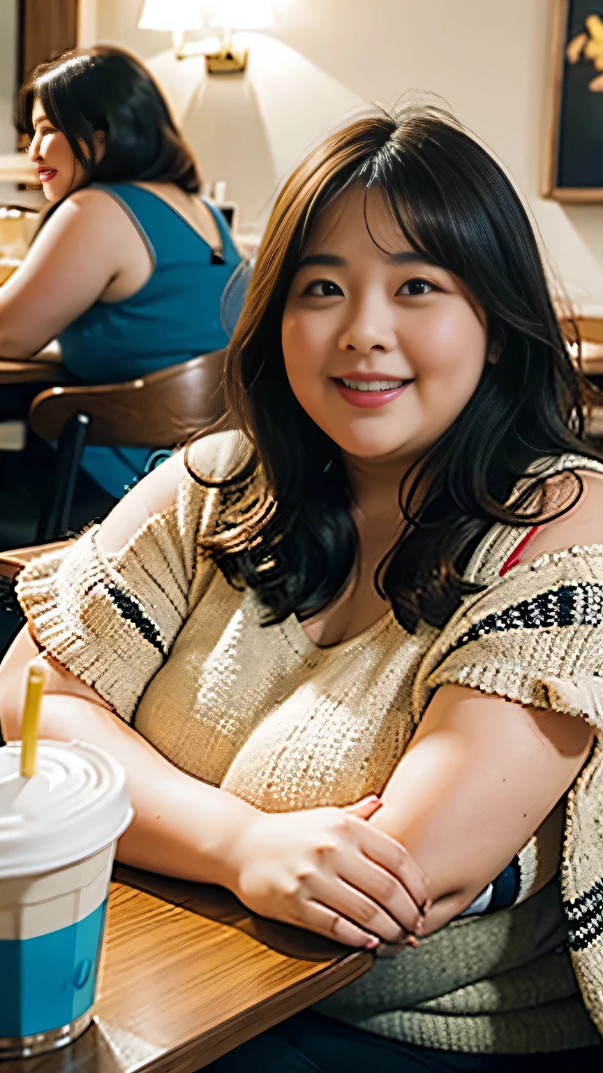 Fat Woman， Obese, Big Size, Round face, Double chin, Overweight,Shoulder-length fluffy hair , Dining at the café，Looking at the camera，smile、