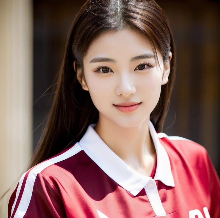Close-up of a woman wearing a volleyball shirt Crimson expensive silk, beautiful south korean woman, Korean girl, gorgeous young korean woman, beautiful young korean woman, korean woman, beautiful Asian girl, Chinese girl, Asian girl, Gorgeous Chinese model, Asian girl with long hair, Beautiful Asian woman, Thai anime girl, The face of a beautiful Japanese girl, Cute young Korean face