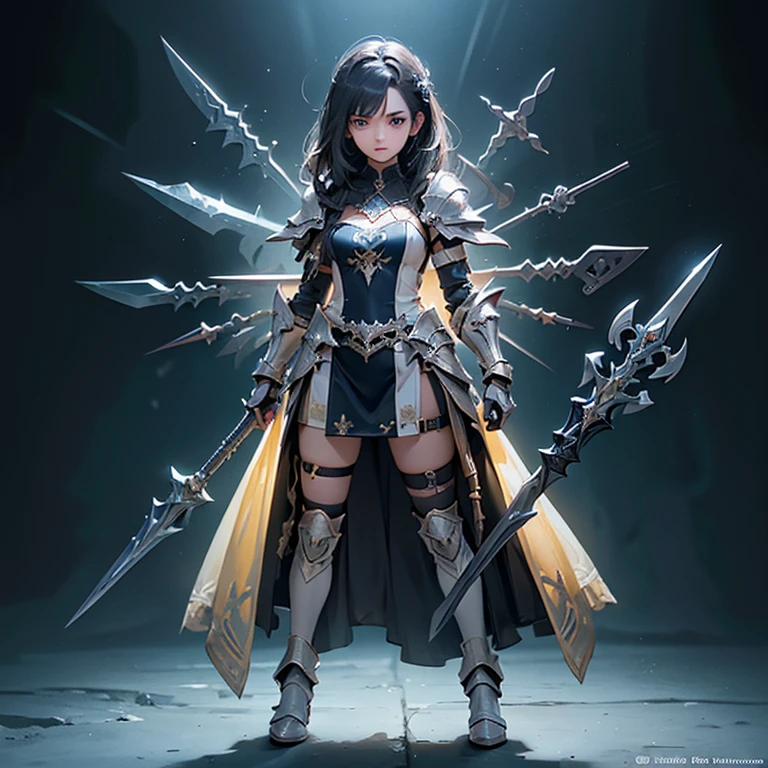 Design a layout showcase Gaming character, (1girl). Golden+Purle clothes, stylish and unique, ((showcase weapon:1.4)), magic staff, (masterpiece:1.2), (best quality), 4k, ultra-detailed, (Step by step design, layout art:1.5), (luminous lighting, atmospheric lighting), magican, ((glove full hands)), (((revealing clothes:1.3))), vambraces, armored legwear, (((full_body_shot:1.4)))