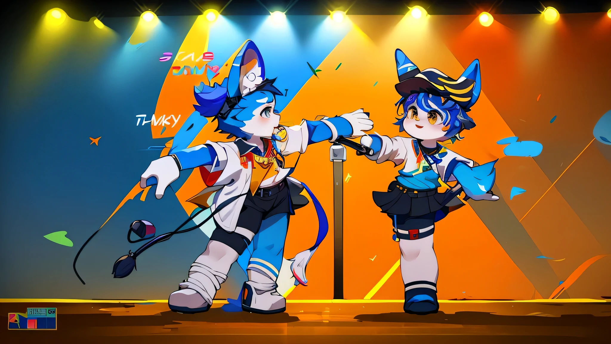 Blue fur, Canine, fox motif, boy, uniform,tall，Age is 15 years old，kpop idol style，Dancing，Music programs，Street fashion，On stage live，Group of 4，I have a microphone.，