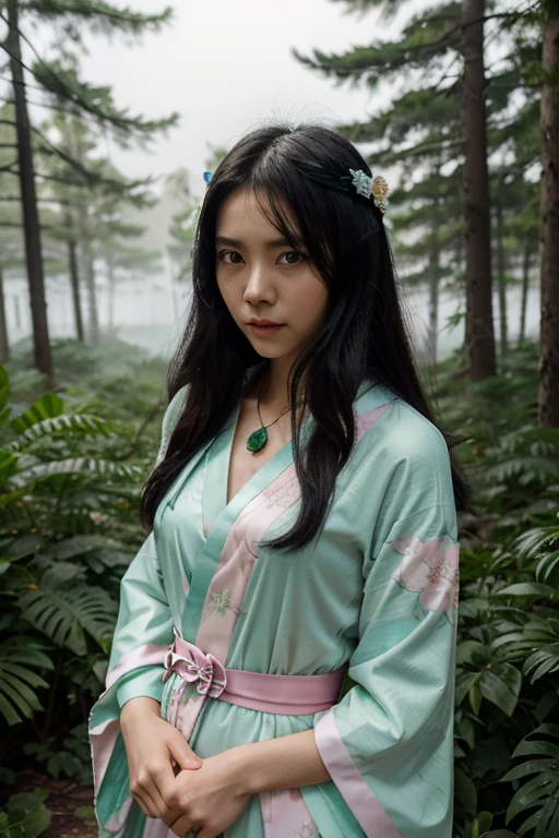 Maomao, 18 year old Asian girl, long messy greenish black hair, blue eyes, white skin, pink dress with green kimono with pastel green belt, spider print, matching crystal flower necklace. Forest background with fog aura around black color