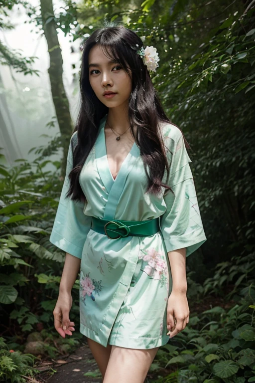 Maomao, 18 year old Asian girl, long messy greenish black hair, blue eyes, white skin, pink dress with green kimono with pastel green belt, spider print, matching crystal flower necklace. Forest background with fog aura around black color