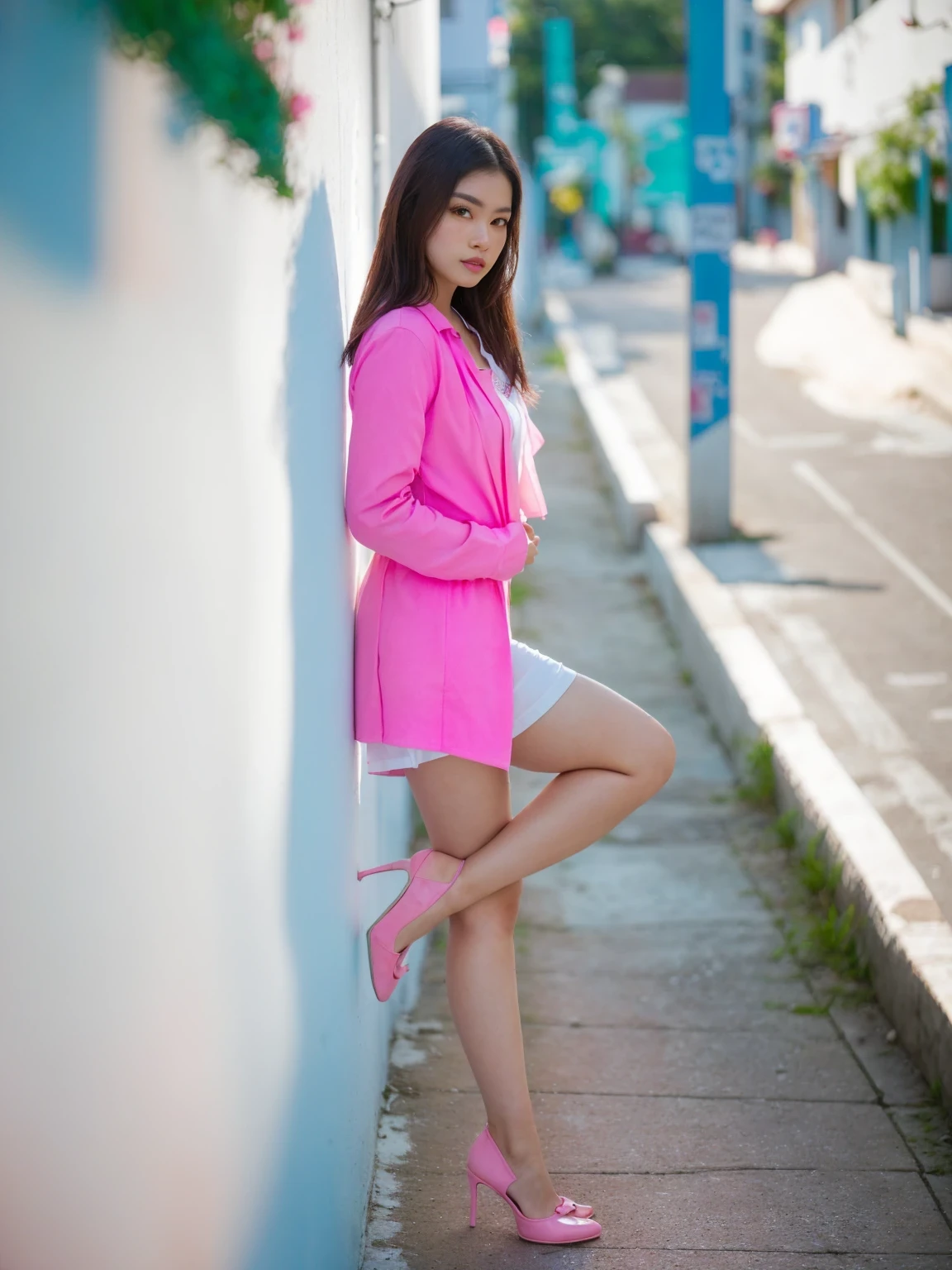 Mujer arafed con camisa rosa y falda blanca apoyada contra una pared., Zapatos rosas, neon pink, muchacha rosada, rosa vibrante, modelo de mujer, retrato de cuerpo entero, modeling photography, informal photography, young asian, pretty girl, Apoyado contra la pared, young asian, Rosa caliente, posando en una calle urbana, pose lateral, ropa rosa