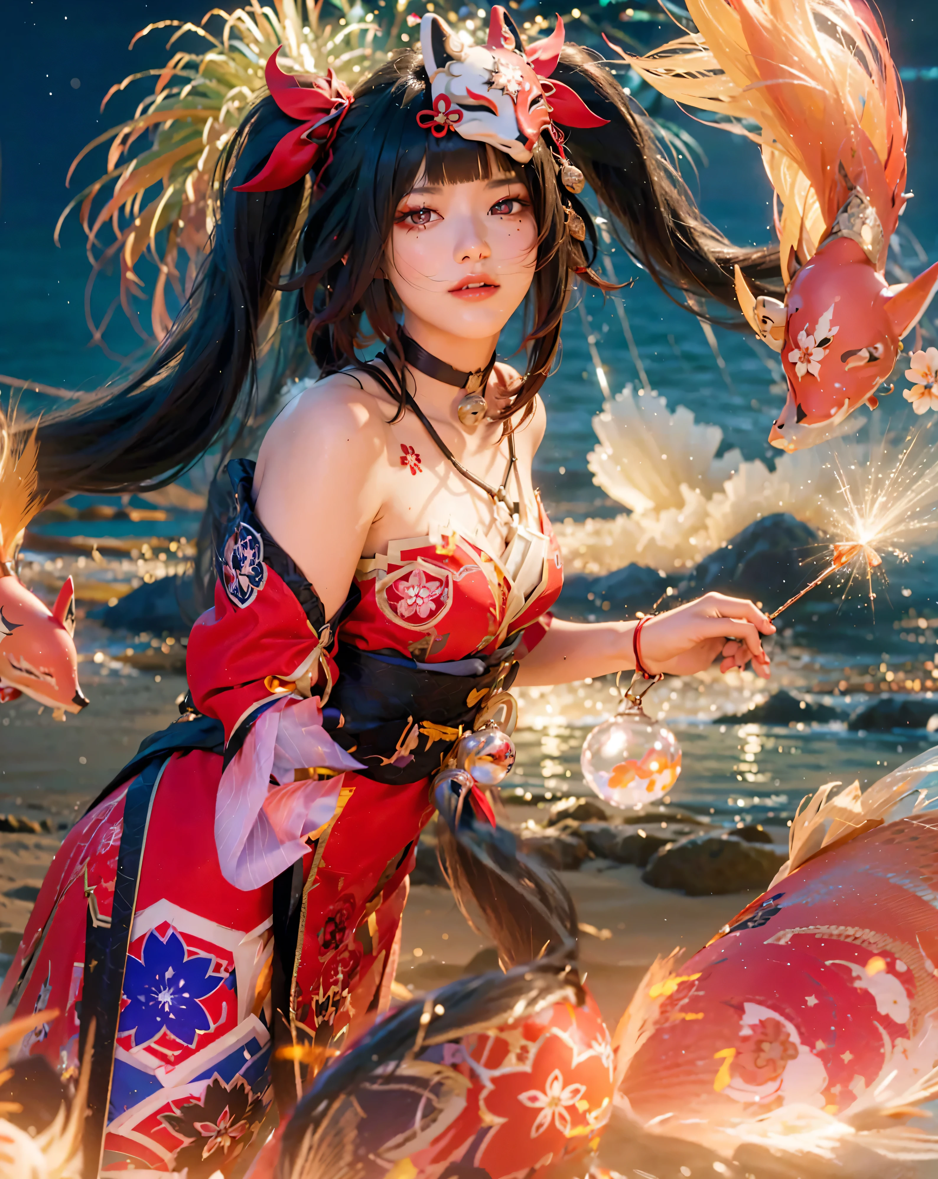 ((SPARKLE_HONKAI STAR RAIL)),((realistic, photorealistic)),(highlight hair)), Light reflection, (( HD )),((upper body)), (((best quality, masterpiece))), (masterpiece) (best quality) (detail) (8k) (HDR) (wallpaper) (cinematic lighting) (sharp focuasterpiece, best quality: 1.1), Real life adaption of this character, beautiful girl, Shining green eyes, realistic outfit, realistic shadow, realistic light, realism, hyper realistic, realistic background,Realistic hair, realistic hair at the back,(photorealistic:1.2), 1girl,Beach Background with fireworks, sparkle from honkai star rail, black twintail hair, red eyes, wearing her outfit, japanese mask, anbu mask, doing daily activities, outdoor, very detailed background, many furnitures, masterpiece, highres, ultrahd,Sand beach, Foreground koi fish, light particles,