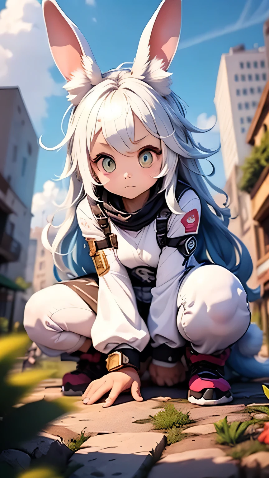 solo,1female\(chibi,cute,kawaii,small kid,(white hair:1.7),(very long hair:1.7),bangs,(ear\(fluffy white rabbit-ear\):1.3),(red eye),big eye,beautiful shiny eye,skin color white,big hairbow,(combat suit\((bodysuit:1.5),(skin tight:1.5),body suit,(very tight:1.5),weapons\)),(breast:1.3),fighting stance,dynamic pose,shooting and aiming a laser gun to giant monster cat\), BREAK ,background\(city of Rubble,giant cats are destroying the city\), BREAK ,quality\(8k,wallpaper of extremely detailed CG unit, ​masterpiece,hight resolution,top-quality,top-quality real texture skin,hyper realisitic,increase the resolution,RAW photos,best qualtiy,highly detailed,the wallpaper,golden ratio\),dynamic angle,better hands,[nsfw:2.0],[nsfw:2.0]