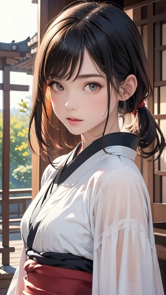 (highest quality、8k、32k、masterpiece)、(masterpiece,up to date,Exceptional:1.2), anime,One girl,Front hair,black_hair, Beautiful 8k eyes,Looking_in_Audience,One person in,Are standing,((Very beautiful woman, Fuller lips, Japanese pintern kimono))、((Colorful Japanese kimono)))、(((cowboy Shot)))、Blunt bung、(High resolution)、Very beautiful face and eyes、1 girl 、Round and small face、Narrow waist、delicine body、(highest quality high detail Rich skin details)、(highest quality、8k、Oil paints:1.2)、Very detailed、(Realistic、Realistic:1.37)、Bright colors、(((blackhair)))、(((Blunt bung，pony tail)))、(((cowboy pictures)))、((( Inside an old Japanese house with a (short focus lens:1.4),)))、(masterpiece, highest quality, highest quality, Official Art, beautifully、aesthetic:1.2), (One girl), Very detailedな,(Fractal Art:1.3),colorful,Most detailed,Sengoku period(High resolution)、Very beautiful face and eyes、1 girl 、Round and small face、Tight waist、Delicine body、(highest quality high detail Rich skin details)、(highest quality、8k、Oil paints:1.2)、(Realistic、Realistic:1.37)、Greg Rutkowski Written by Alphonse Mucha Ropp,short ,uchikake,nishijin ori,(realistic light and shadow), (real and delicate background),(muted colors, dim colors, soothing tones:1.3), low saturation, (hyperdetailed:1.2), (noir:0.4),drow,blurry_light_background, (vibrant color:1.2), cinematic lighting, ambient lighting,Single Shot,Shallow Focus,pink lip,blurry light background,