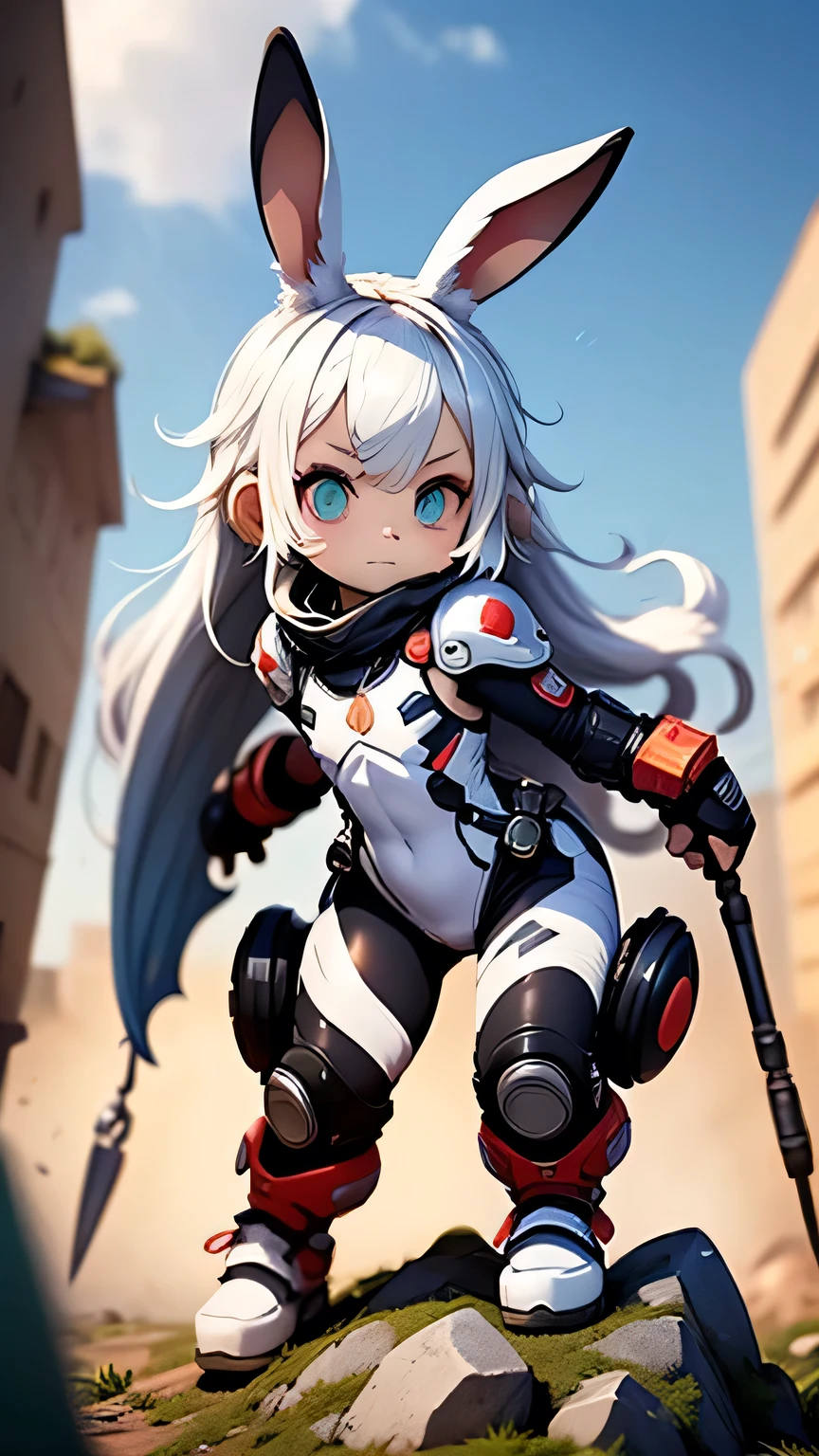 solo,1female\(chibi,cute,kawaii,(white hair:1.7),(very long hair:1.7),bangs,(ear\(fluffy white rabbit-ear\):1.3),(red eye),big eye,beautiful shiny eye,skin color white,big hairbow,(combat suit\((bodysuit:1.5),(skin tight:1.5),body suit,(very tight:1.5),weapons\)),(breast:1.3),fighting stance,dynamic pose,shooting and aiming a laser gun to viewer\), BREAK ,background\(city of Rubble,viewer is destroying the city\), BREAK ,quality\(8k,wallpaper of extremely detailed CG unit, ​masterpiece,hight resolution,top-quality,top-quality real texture skin,hyper realisitic,increase the resolution,RAW photos,best qualtiy,highly detailed,the wallpaper,golden ratio\),dynamic angle,better hands,[nsfw:2.0]