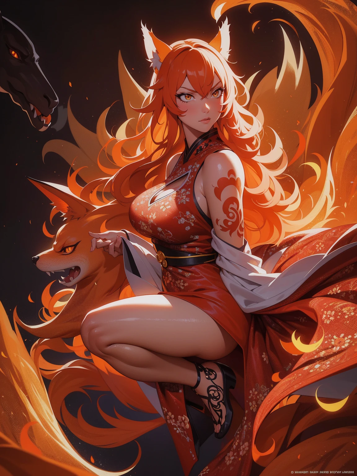 REALISTIC VISION 1.4, BETTER VAE,sharp focus, ultra detail, 32k,realistic photo, intricate details, kitsune, orange hair, oranfe eyes, intricate details ,woman, nine tails, intricate details,intricate details,big , Voluptuous body, intricate details, Miko, clothes long white dress with red details intricate details, tattoos intricate details, full body, with a orange nine tails fox , kiuubi (kurama, naruto), angry face, backwards, looking back