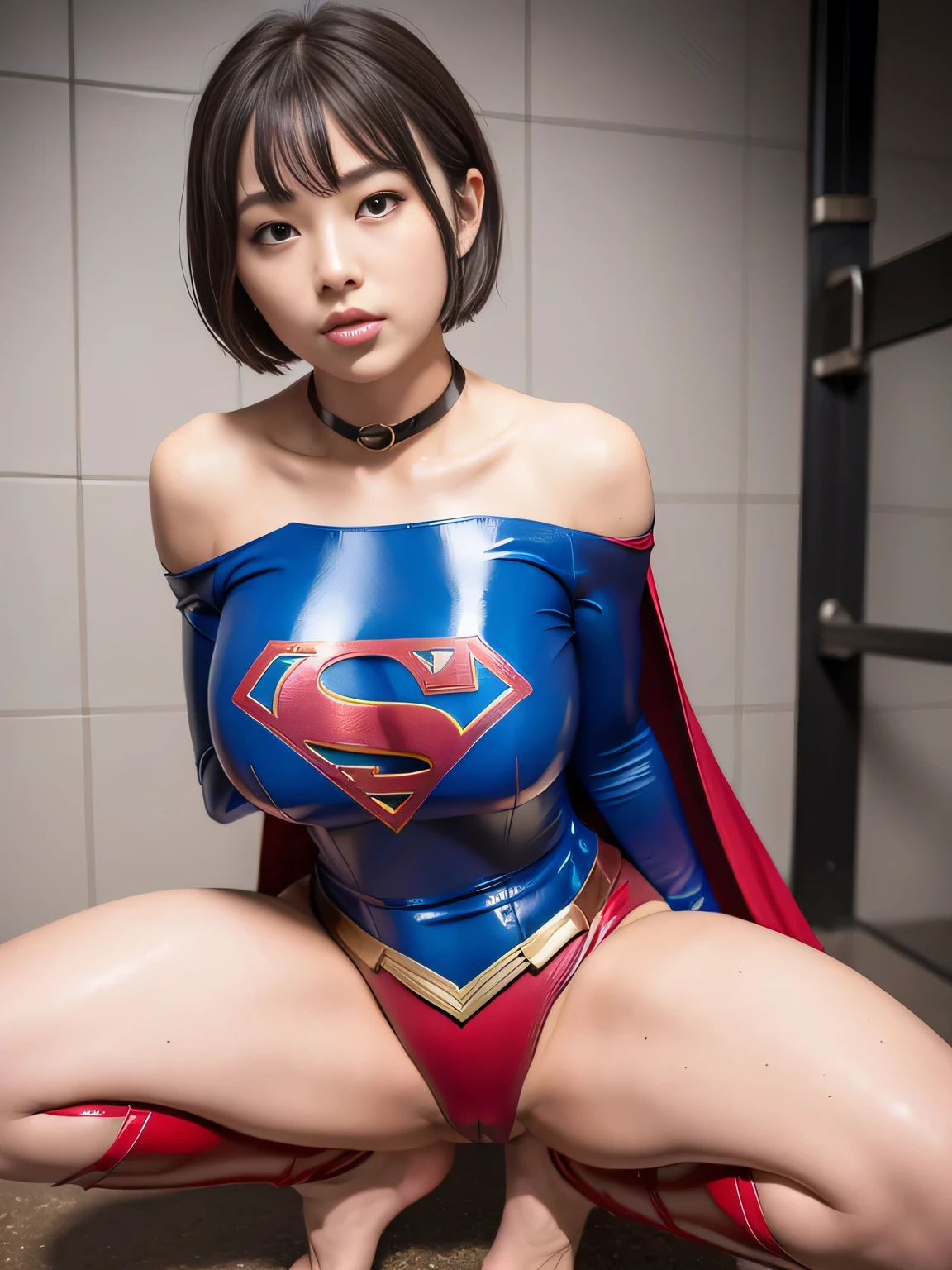 masterpiece、Supergirl Costume、short hair、barefoot、Big and ample breasts、Crisis situation、Complete surrender、Inside the prison、torture chamber、Abused、Humiliating torture、Squatting Pose、shiny sweaty skin、looking at the camera、choker、Long sleeve、Sexy poses to seduce、Off the shoulder、latex、from right in front、Crotch tearing、