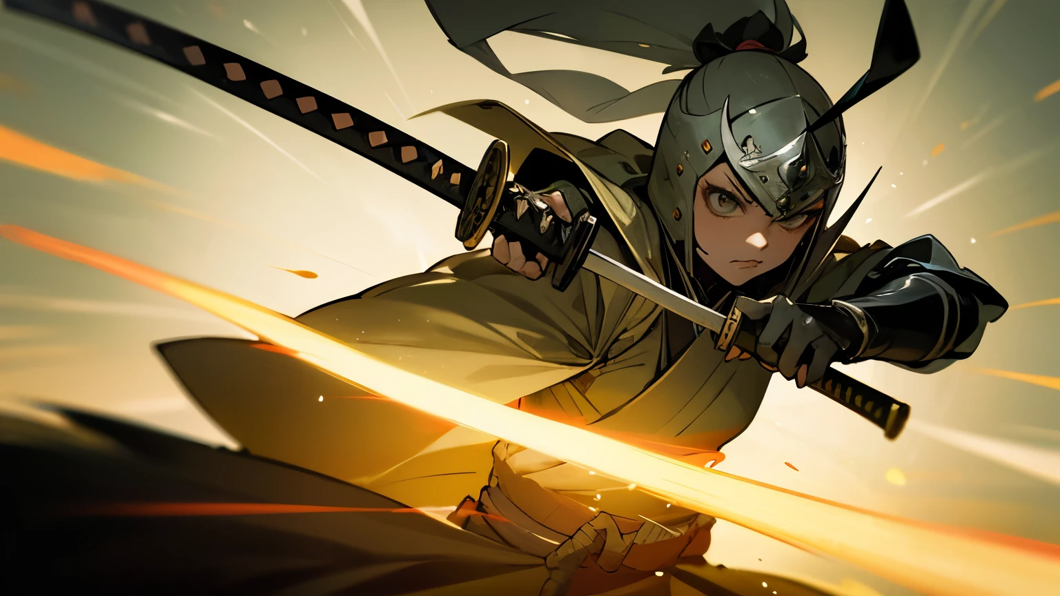 samurai mulher em armadura tradicional, fierce expression, postura poderosa, katana in his hand, fundo de folhas de outono
, cores vibrantes, dynamic lighting, Mais detalhes, seios grandes