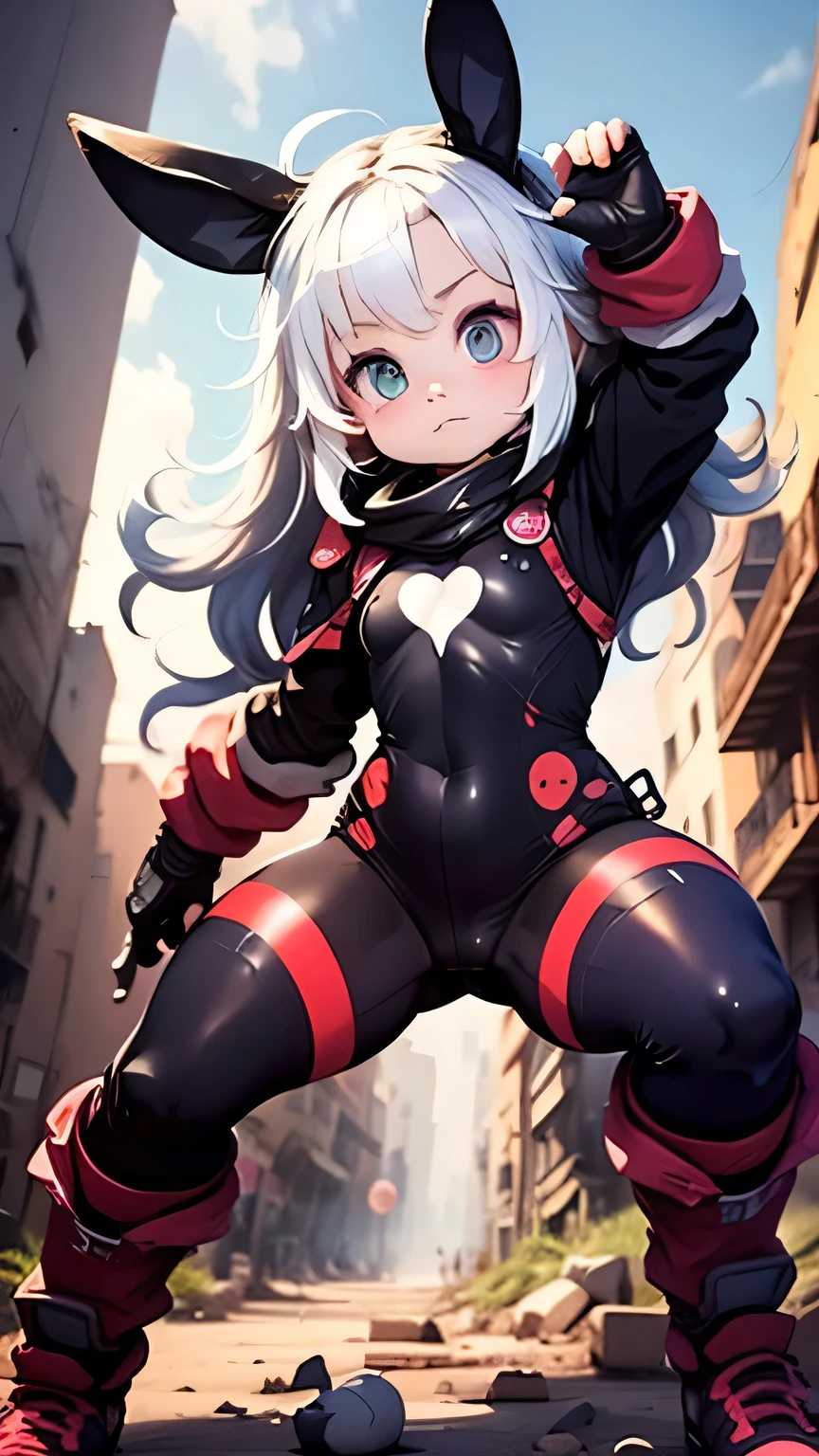 solo,1female\(chibi,cute,kawaii,small kid,(white hair:1.7),(very long hair:1.7),bangs,(ear\(fluffy white rabbit-ear\):1.3),(red eye),big eye,beautiful shiny eye,skin color white,big hairbow,(combat suit\((bodysuit:1.5),(skin tight:1.5),body suit,(very tight:1.5),weapons\)),(breast:1.3),fighting stance,dynamic pose,shooting and aiming a laser gun to viewer\), BREAK ,background\(city of Rubble,viewer is destroying the city\), BREAK ,quality\(8k,wallpaper of extremely detailed CG unit, ​masterpiece,hight resolution,top-quality,top-quality real texture skin,hyper realisitic,increase the resolution,RAW photos,best qualtiy,highly detailed,the wallpaper,golden ratio\),dynamic angle,better hands,[nsfw:2.0]