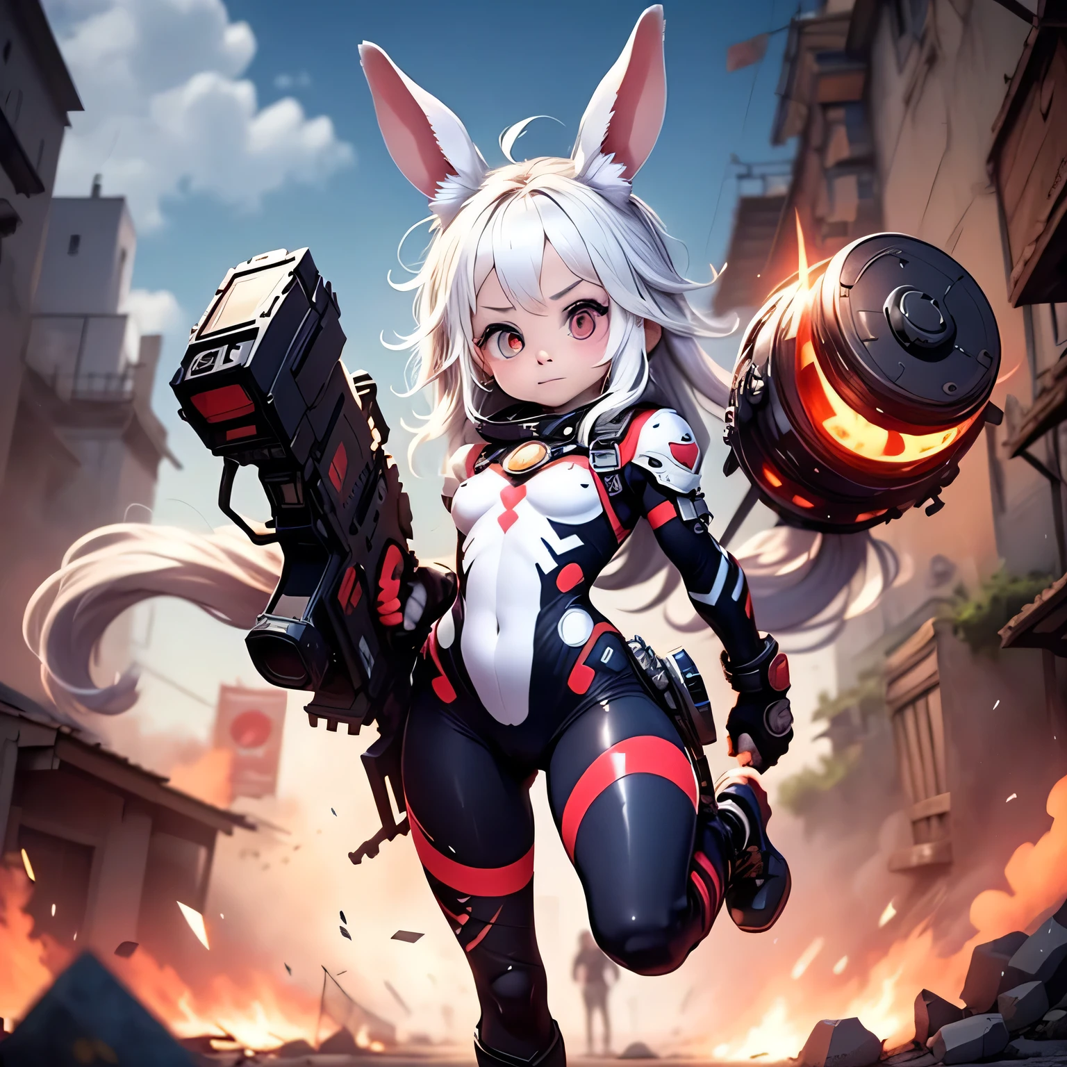 solo,1female\(chibi,cute,kawaii,small kid,(white hair:1.7),(very long hair:1.7),bangs,(ear\(fluffy white rabbit-ear\):1.3),(red eye),big eye,beautiful shiny eye,skin color white,big hairbow,(combat suit\((bodysuit:1.5),(skin tight:1.5),body suit,(very tight:1.5),weapons\)),(breast:1.3),fighting stance,dynamic pose,shooting and aiming a laser gun to viewer\), BREAK ,background\(city of Rubble,viewer is destroying the city\), BREAK ,quality\(8k,wallpaper of extremely detailed CG unit, ​masterpiece,hight resolution,top-quality,top-quality real texture skin,hyper realisitic,increase the resolution,RAW photos,best qualtiy,highly detailed,the wallpaper,golden ratio\),dynamic angle,better hands,[nsfw:2.0]