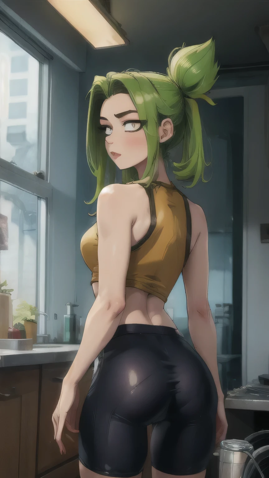 (masterpiece, Best quality:1.2), complex parts, What \(League of Legends\), 1 girl, 2 tails, green hair, crop top, cycling shorts, ass