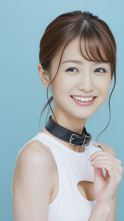 wears a black leather collar, Fit the top of the head on the screen, in focus, solid color background, gravure, erotic, highest quality, super detailed, realistic, super dense skin, anatomically correct, (1 Japanese mature woman), (alone), 90 years old, big breasts, Mature AV Actress, Glamour, Sexy, pure white skin, looking at the viewer,