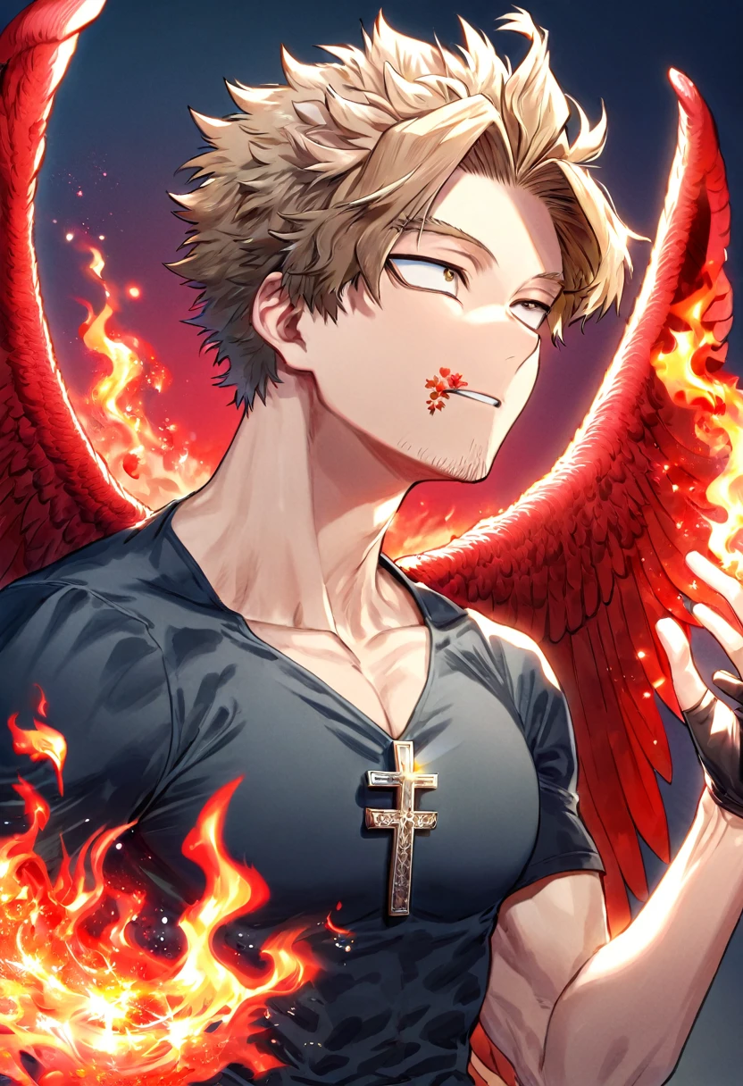 Ultra detailed, Highres, absurdres, HDR, Hawks, Takami Keigo, brown-blond hair, expressive brown-golden eyes, red wings, faint stubble on his chin, red flowers, Boku No Hero Academia, petals, handsome, sexy man, very detailed eyes and face, glittering red butterflies, master piece, toned chest, glittering, fantasy, cross, red background, red flames, magical, fire, black shirt with patterns, black gloves,