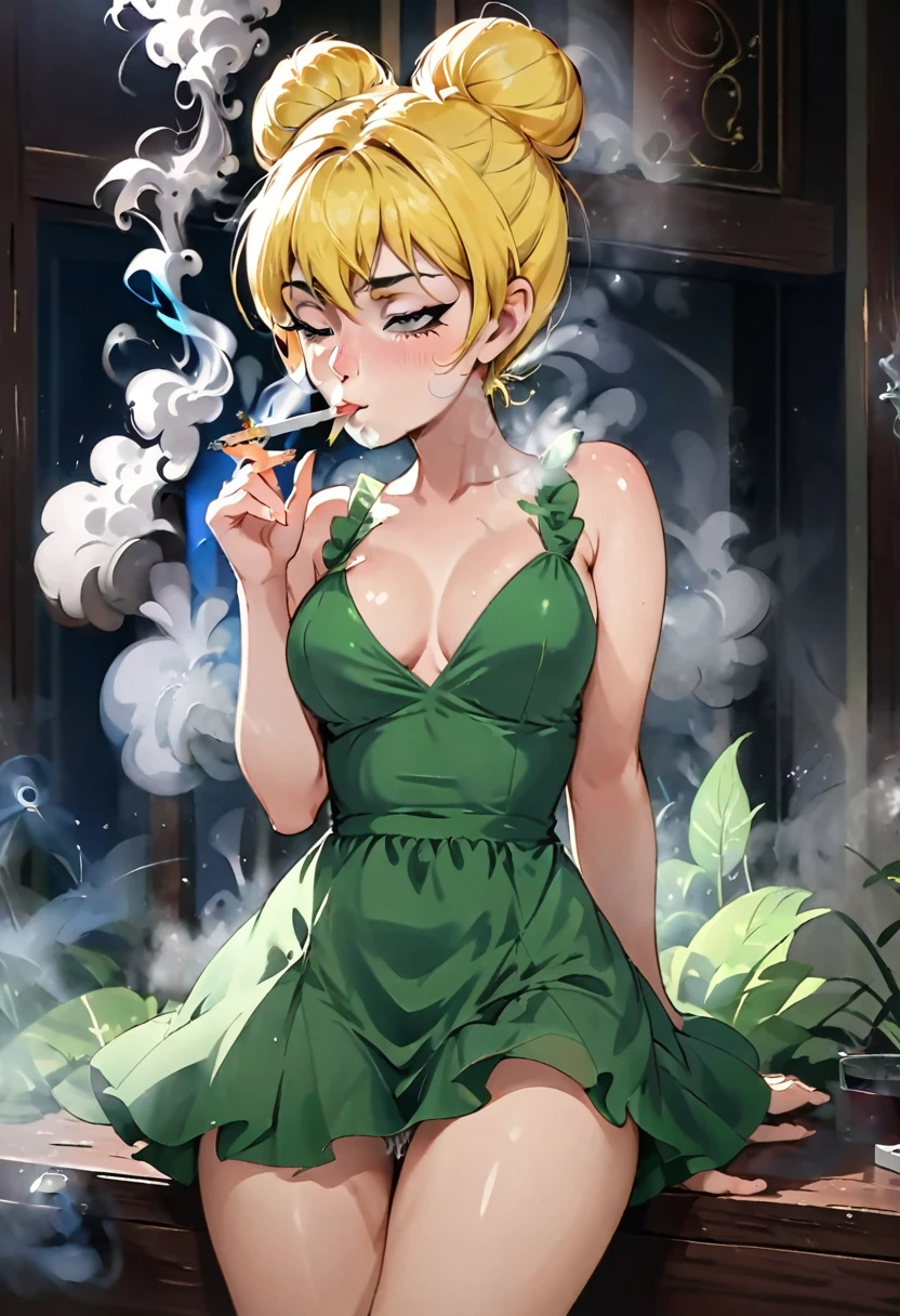 tinkerbell rapidly smoking cigarettes while masturbating, touching pussy, hand on pussy, sucking very hard on cigarette, the cigarette ash is growing very long, very long cigarette asdh, nose exhale, deeply inhaling, lots of cigarette ash, exhaling smoke through nostrils, smoke coming out of nostrils, short green dress, yellow hair, bun,