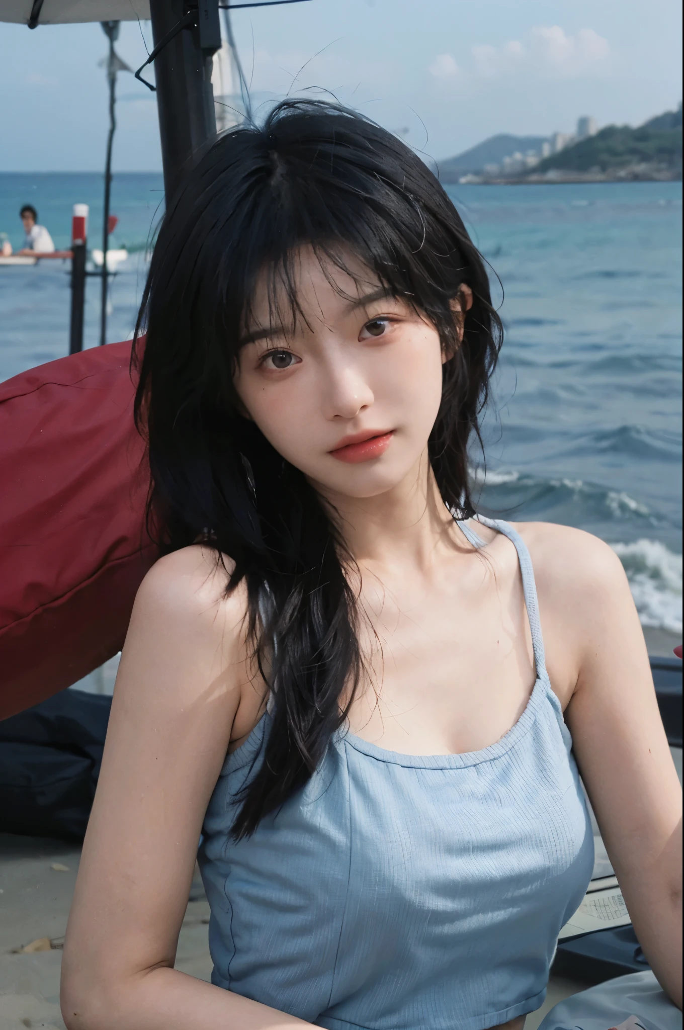 best quality,Ultra-high resolution,(lifelike:1.4),Cute hairpin,2 Girls,Short blue hair,JK,Large Breasts:1.4,blush,slender beauty:1.4,Abs are clearly visible,on the beach,Super thin face,Exquisite eyes,Double eyelids,