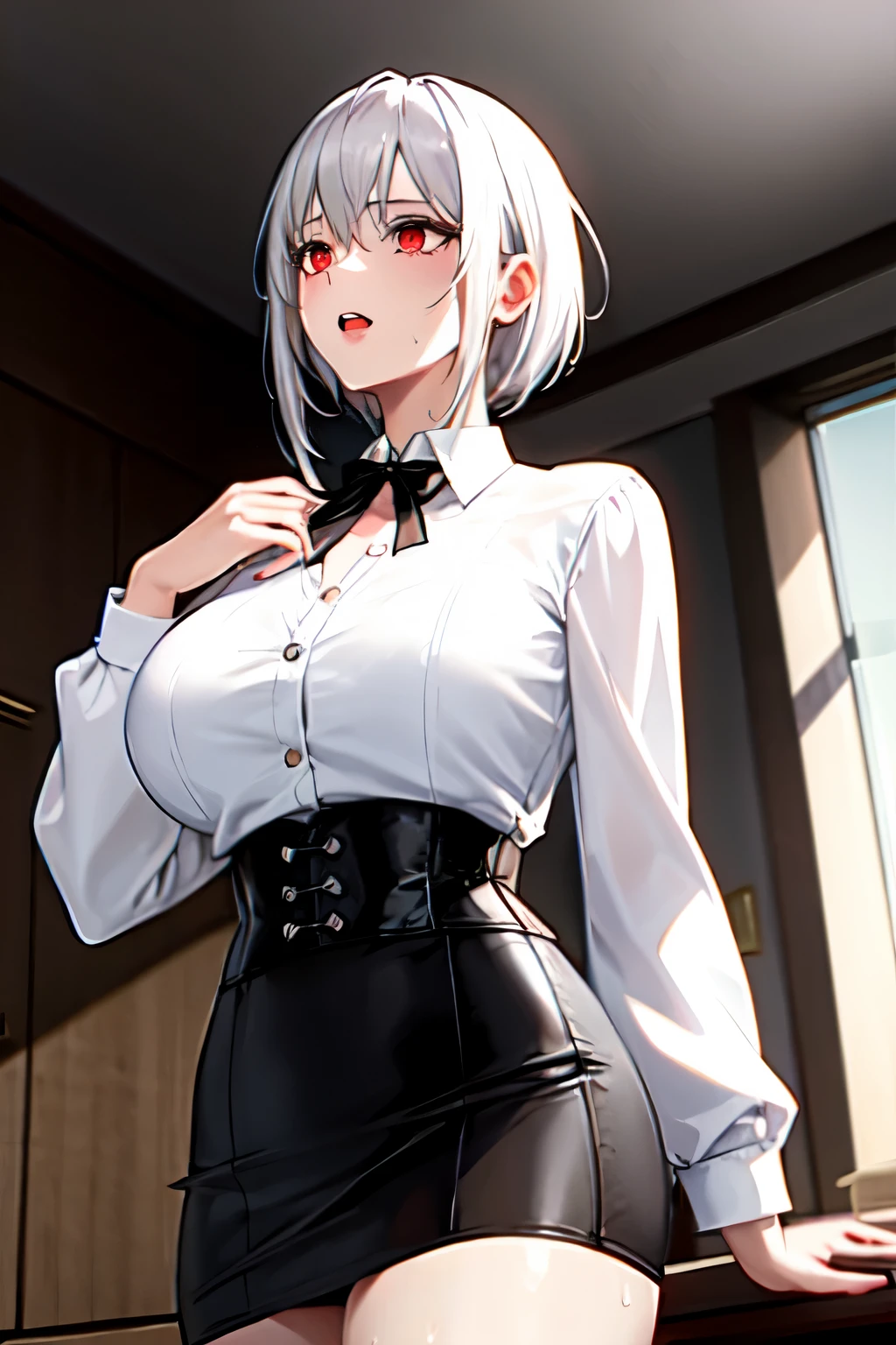 ((best quality)), ((masterpiece)), (detailed), Perfect face((best quality)), ((masterpiece)), (detailed), 4K quality,Ultra HD,Perfect face,White hair,Red eyes,White shirt,Black corset,Black hip skirt,sweat,Room Background,short hair,Look up at the screen,full,Chest leak