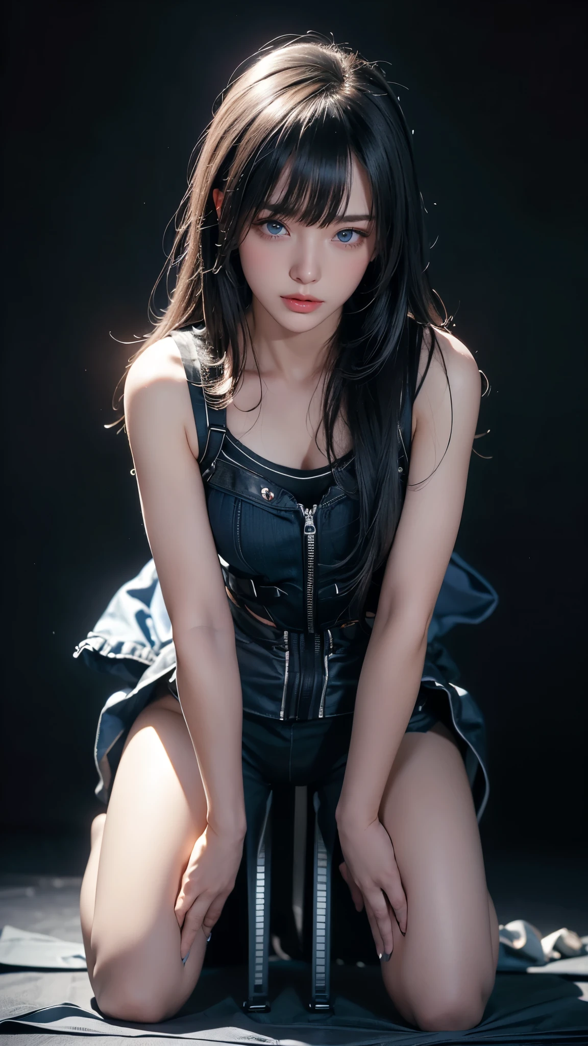 masterpiece, highest quality, Super detailed, Facing the camera, 複雑に詳細なSuper detailed, Realistic, Sharp features, Very detailed, Sharp focus, Perfect Face, Perfect symmetrical perfect eyes, Perfect Plump Lips, Flexible female form, Cinematic, Film Light, Super detailed, hyper Realistic, masterpiece, Atmospheric, High resolution, Vibrant, Dynamic Studio Lighting, ((Dark Background)), The expression when enduring pleasure, Straight bangs, blue eyes,Sexually aroused expression、Her black thong shorts are visible through the fabric、Front zipper、 (((Kneeling with your crotch open)))、(((Urinating)))