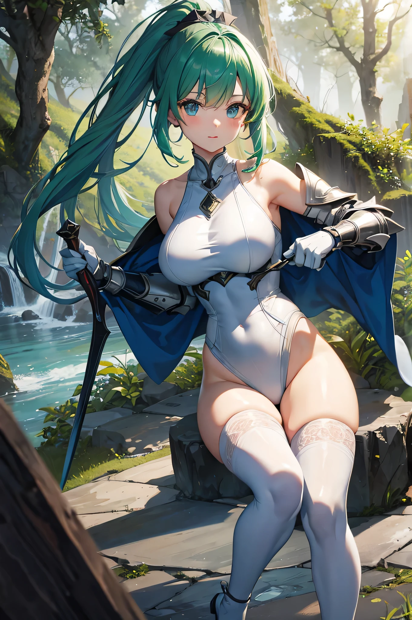 4k,High resolution,One Woman,Green Hair,Short Ponytail,Blue Eyes,Big Breasts,knight,White high leg leotard armor,Full Armor,Heavy Armor,White shoes,White gloves,Crystal Sword,in the forest