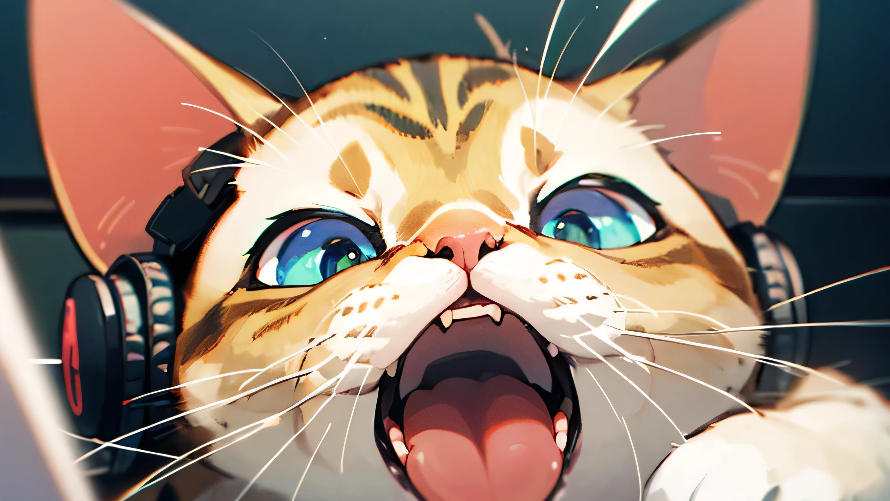 A room with speakers and microphones、Cat with headphones、Upper body close-up、Yawn