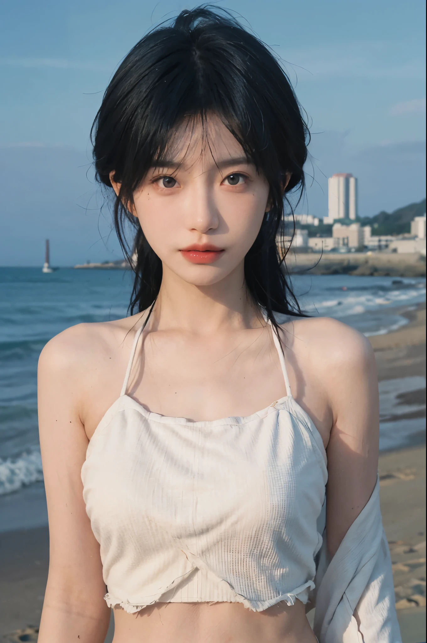 best quality,Ultra-high resolution,(lifelike:1.4),Cute hairpin,2 Girls,Short blue hair,JK,Large Breasts:1.4,blush,slender beauty:1.4,Abs are clearly visible,on the beach,Super thin face,Exquisite eyes,Double eyelids,