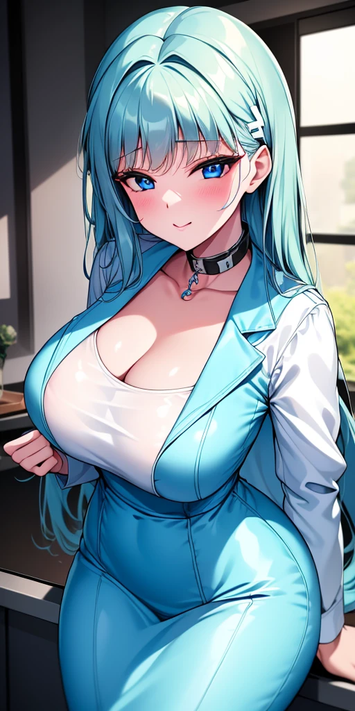 ((obra maestra)), ((mejor calidad)), (ultra detallado), ((extremadamente detallado)), 4k, (8K), mejor calidad, (Hermoso), estilo animado, mirar hacia arriba desde abajo, bar, noche, a pretty girl, 1 chica, solo, traje, Hermoso rainbow hair, Hermoso blue eyes, ((Hermoso eyes)), De piel blanca, pendientes, collar, sonrisa