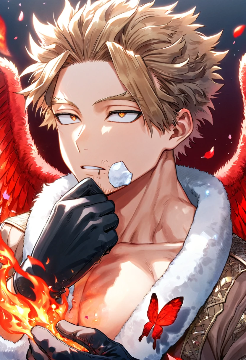 Ultra detailed, Highres, absurdres, HDR, Hawks, Takami Keigo, brown-blond hair, expressive brown-golden eyes, red wings, faint stubble on his chin, red flowers, Boku No Hero Academia, petals, handsome, sexy man, solo, very detailed eyes and face, glittering red butterflies, master piece, toned chest, glittering, fantasy, cross, red background, red flames, magical, fire, black shirt with patterns, black gloves, brown jacket with white fur,