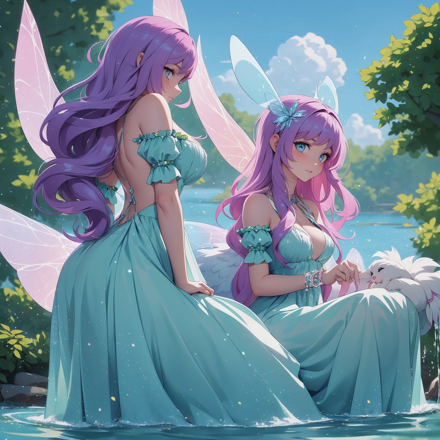 (Absurd, high quality, ultra -compared, careful with the hand) fairy, fairy wings, dreamer body, vivid, romantic and all. Optimistic face, just lies, without entry and intellectual. Green dress. Reckless style, sweet and passion, Gray eyes, cute (eyes of the eyes), enchanted fairy (pixie) . long hair, magenta hair. In the carnival row illustration, flying, dancing lithgly, Whole body, sitting on the water, on nature, backwards, looking back