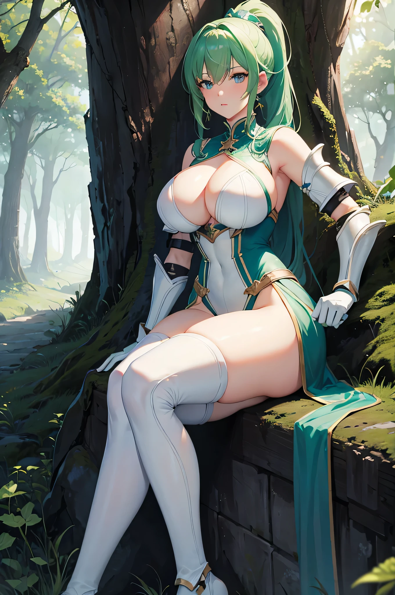 4k,High resolution,One Woman,Green Hair,Short Ponytail,Blue Eyes,Big Breasts,knight,White high leg leotard armor,Full Armor,Heavy Armor,White shoes,White gloves,Crystal Sword,in the forest