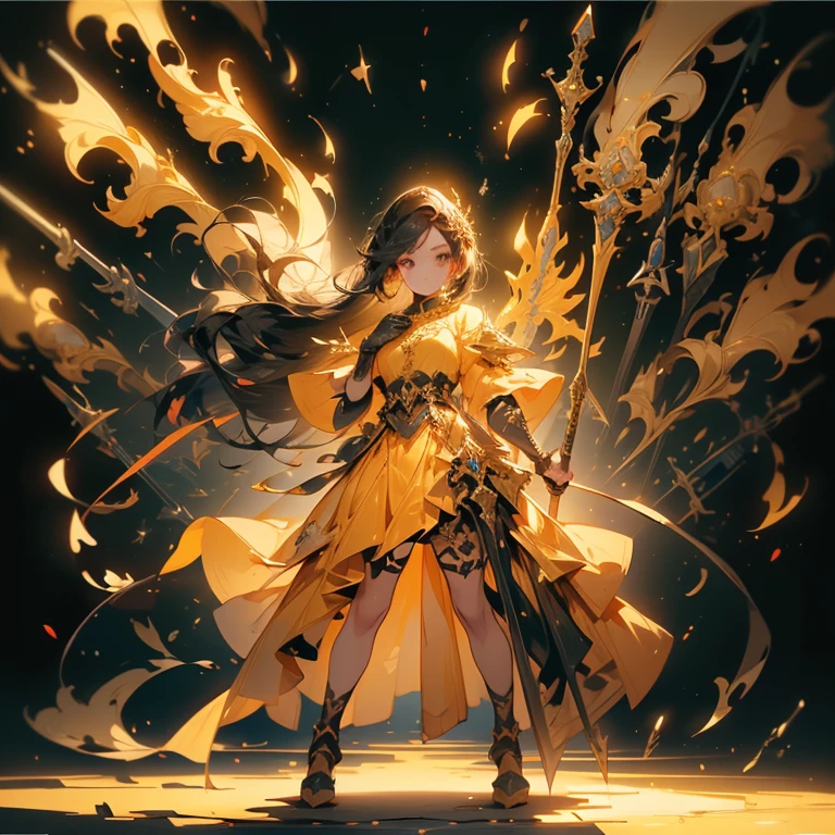 Design a layout showcase Gaming character, (1girl). Golden+Purle clothes, stylish and unique, ((showcase weapon:1.4)), magic staff, (masterpiece:1.2), (best quality), 4k, ultra-detailed, (Step by step design, layout art:1.5), (luminous lighting, atmospheric lighting), magican, ((glove full hands)), (((revealing clothes:1.3))), vambraces, armored legwear, (((full_body_shot:1.4)))