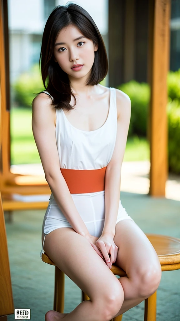 (High resolution、8k),Cute 16 year old Japanese girl,( Perfect Arms,Perfect hands,Perfect Fingers:2),(Wide-open legs:1.5),transparent,white,Panties made of triangular silk fabric with a small surface area :1.2),(white,Tight tank top:1.2) ,From the knee up、Stand with your back straight,Telephoto lens camera、Looking into the camera、(chest:1.2)、Thick and glossy lips、Kind eyes ,水色の壁に寄りかかってAre standing,(Are standing:1.5),belly button,(Light brown hair,Wolf Cut), barefoot ,Very realistic,Tanned healthy skin,Perfect hands,Perfect Arms,Perfect Fingers