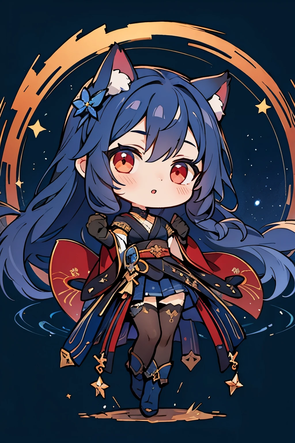 ((Super detailed)),((illustration)),((master paintings)),(((distressed))),((Beautiful and delicate eyes)),(Extremely detailed CG Unity 8K wallpapers,best quality,master paintings),((4K,master paintings,best quality)),A woman who feels like a sister but a little mature,dark purple long hair,Long hair to waist,loose hair,shawl,red eyes,(the only person),Cat ear, The night sky is full of stars,The left hand is slightly raised,There is a ring on the ring finger of the left hand,Dark Blue Oversized Swing Princess Long Japanese Dress,Wearing a large navy blue trench coat,There are stars hidden under the skirt,cloak,Dark blue butterflies dance around you,theater background,Star Curtain,Wearing a dark blue veil with stars,sling,on his right hand, He wears gradient blue star gloves,Smaller eyes,(pretty face:1.2),(thinning hair:1.2),((Gorgeous starry sky background)),sit with the stars,The stars are soaring beneath your feet,Stepping on a black hole,dark blue boots