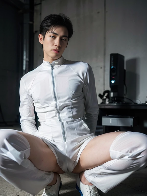 A handsome and refreshing 22-year-old Japanese man　Short black hair cut　Short hair man　Powerful pose　Future World　Various instruments　　Science fiction　A tight rubber sexy jumpsuit that is all white with blue accents　Compression jumpsuit 　White gloves　 　Texture　Big Moccoli　A photo taken looking up from a squatting position, looking directly at the camera　Realistic images  , sexy , eroticism,  nsfw , bare thighs ,ultra photorealism , 