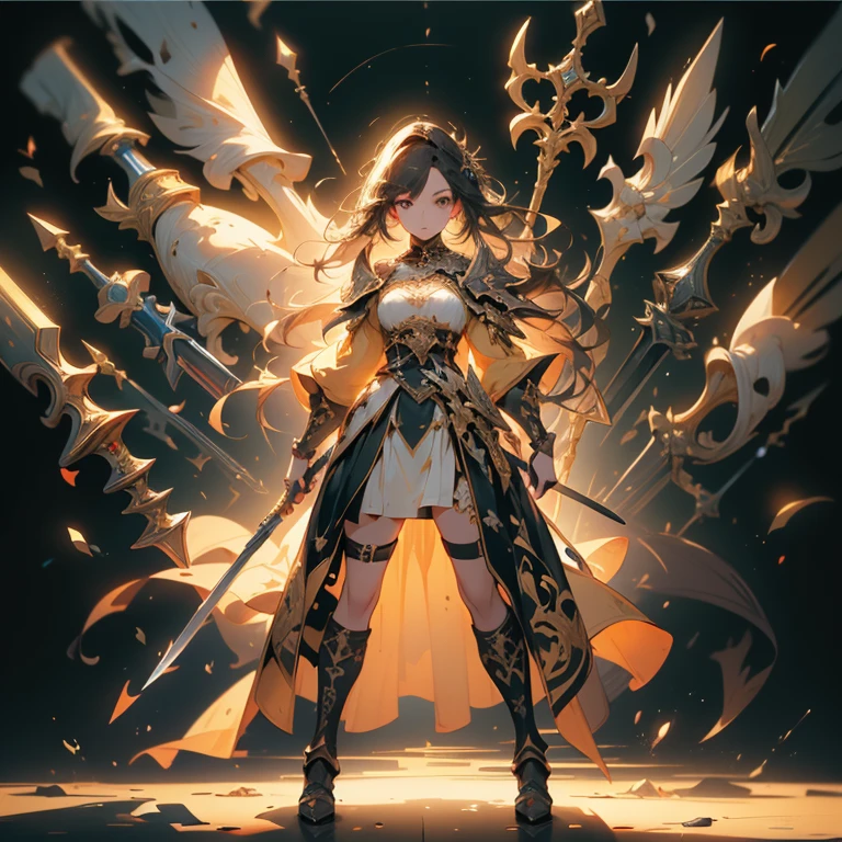 Design a layout showcase Gaming character, (1girl). Golden+Purle clothes, stylish and unique, ((showcase weapon:1.4)), magic staff, (masterpiece:1.2), (best quality), 4k, ultra-detailed, (Step by step design, layout art:1.5), (luminous lighting, atmospheric lighting), magican, ((glove full hands)), (((revealing clothes:1.3))), vambraces, armored legwear, (((full_body_shot:1.4)))
