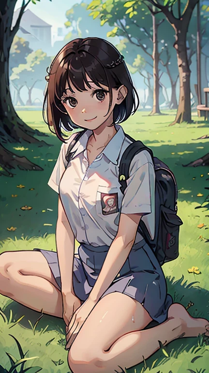 masterpiece, highest quality, High resolution, very detailed, detailed background, cinematic lighting, 1 girl,9 , looking at the viewer, barefoot, dress, sitting, short sleeve, looking at the viewer, Grass, short hair, smile, dark brown hair, short sleeves, outdoor, short sleeve, bangs, full body, wearing pink Randoseru Backpack, (Randoseru Backpack:1.0), wet transparent white shirt, grey skirt, Daylight, brown eyes, dappled Daylight, Day、topless、underless、legs spread、