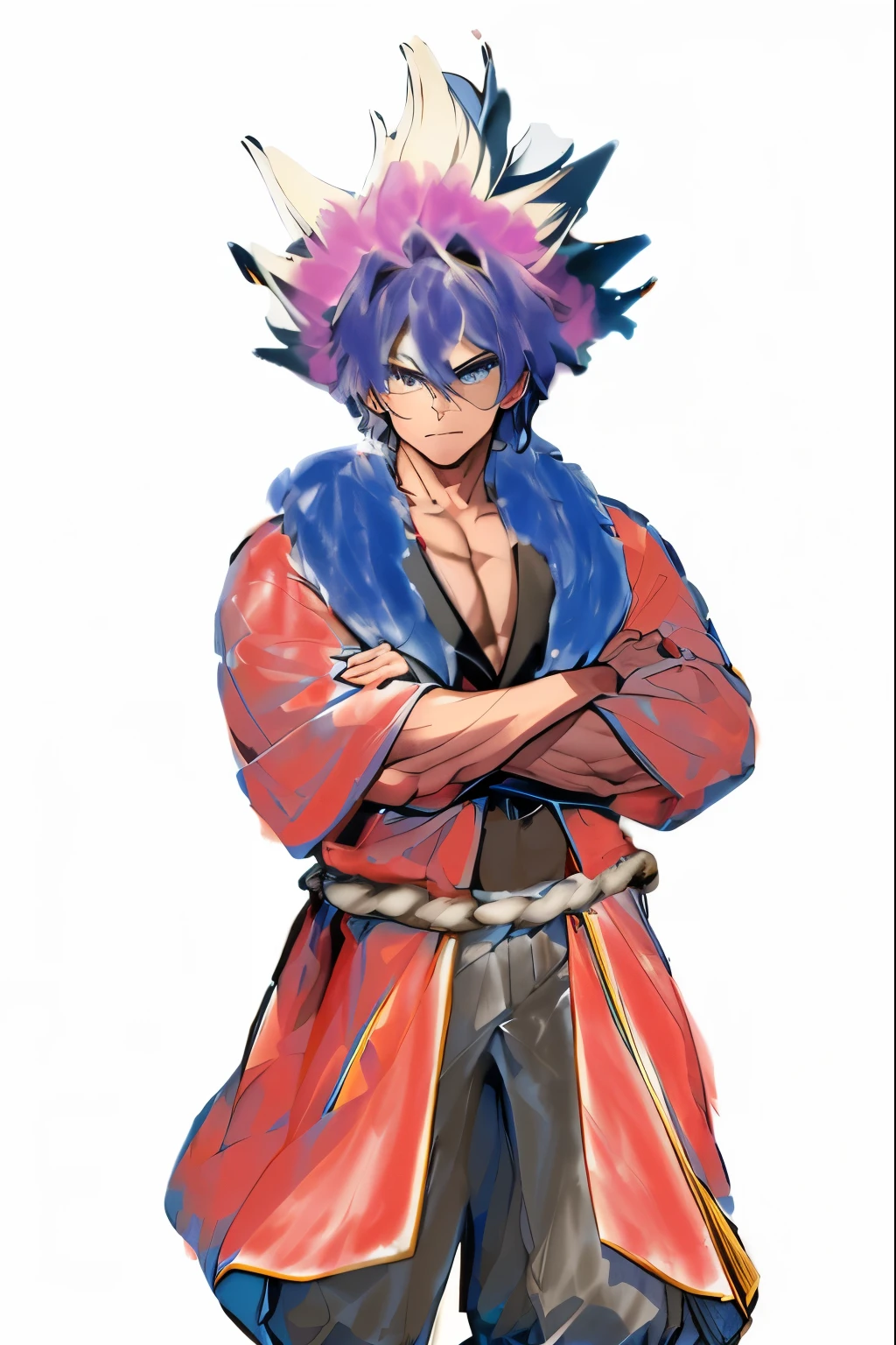 (best quality, higher),A muscular young man with a rope around his waist and fur wrapped around his shoulders is standing with his legs apart, looking straight at the camera.、White background
