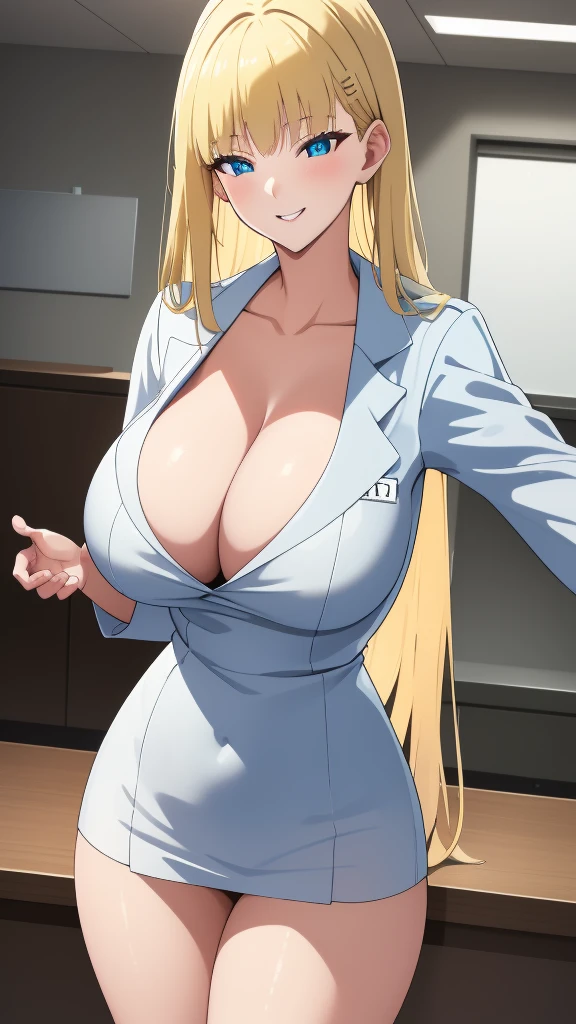 (highest quality:1.5, High resolution, 超High resolution, 4K, Detailed lighting, Shaders, Perfect Hand Anatomy), Blonde Straight Hair, Big Breasts, Nurse uniform, Cleavage, Thighs, smile, throw, Close-up shot, Are standing, Hospital Background