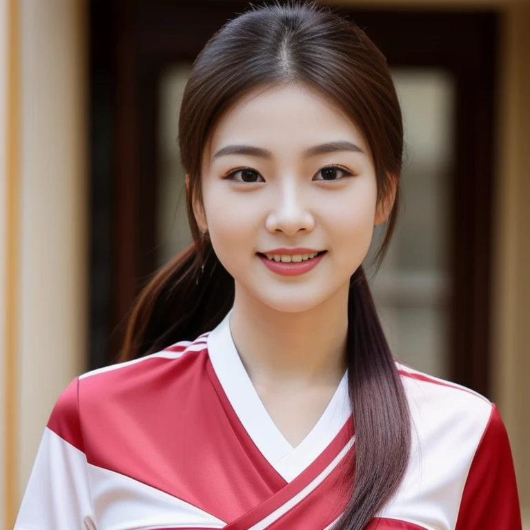 Close-up of a woman wearing a volleyball shirt Crimson expensive silk, Beautiful Asian woman, Thai anime girl, Chest size 36 inches, beautiful south ponytail,) long, Flowing hair, korean woman, gorgeous young korean woman, ponytail, beautiful young korean woman, Korean girl, korean woman, Jae Yeon Nam, beautiful asian girl, young asian woman, Beautiful Asian woman, cute korean baby face, Gorgeous Chinese model, Chinese girl, bright and sparkling,
