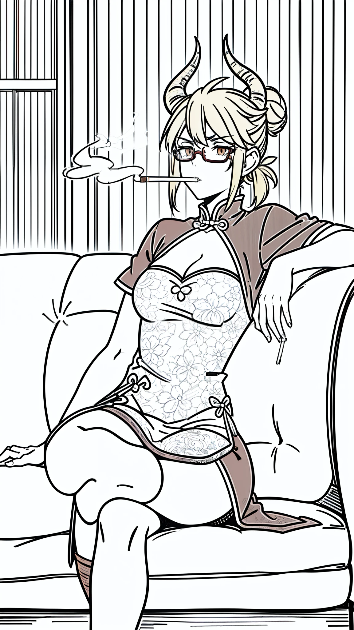 1girl,20s,solo,cleavage,serious,blonde hair, short hair,high ponytail,(((smoking,sitting in a sofa,wood wall,crossed legs,))),red dress,double bun,bun cover,china dress,chinese clothes,knee boots,short sleeves,((horns)),glasses,(white background,line drawing)