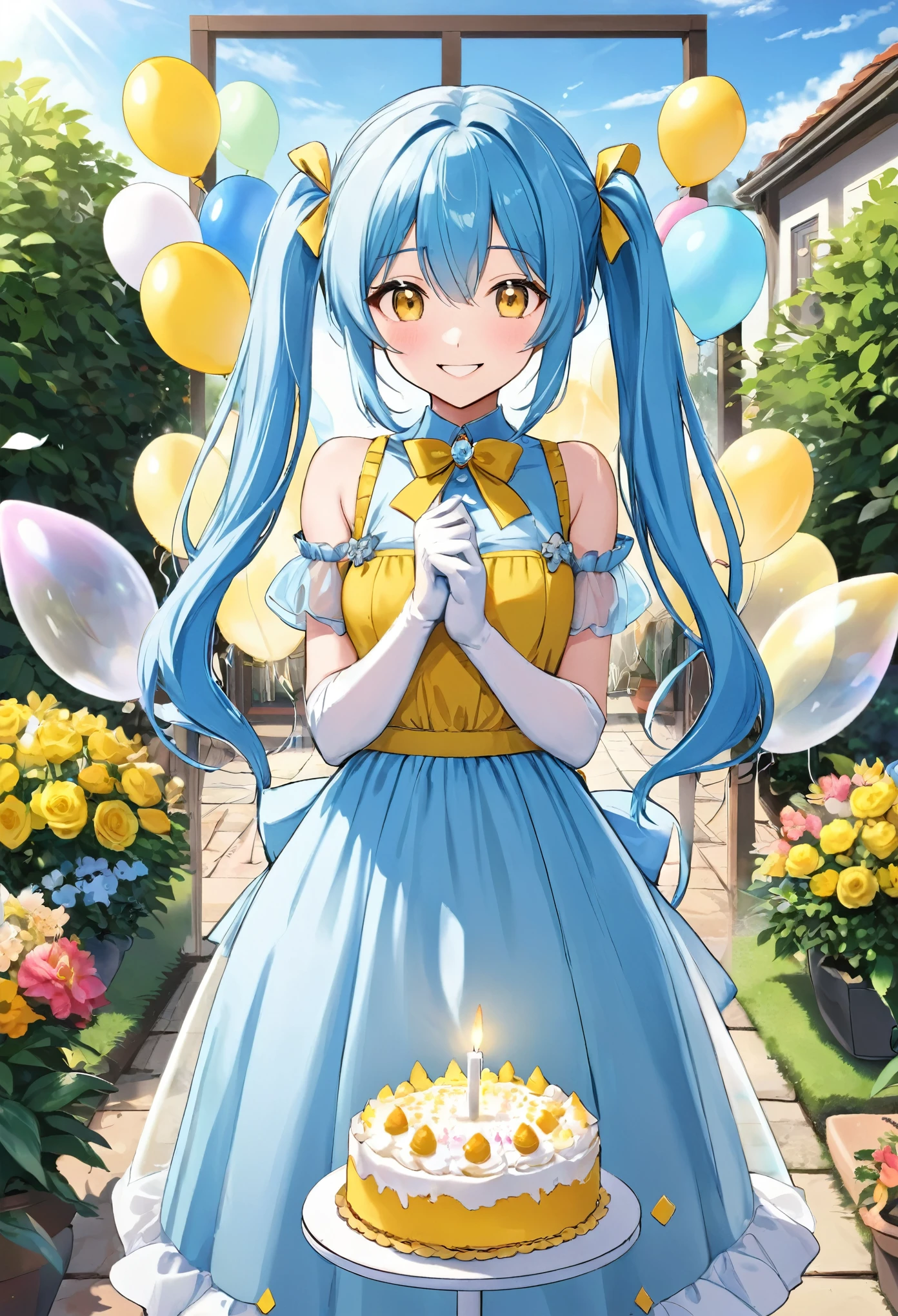 Light blue long hair、beautiful girl with twin tails、Great smile、White long gloves、Big Diamond、Bright yellow and brown long dress、Celebrating the first anniversary of the event、A big cake with one candle、Transparent balloons flying、A garden full of flowers、Looking into the camera、