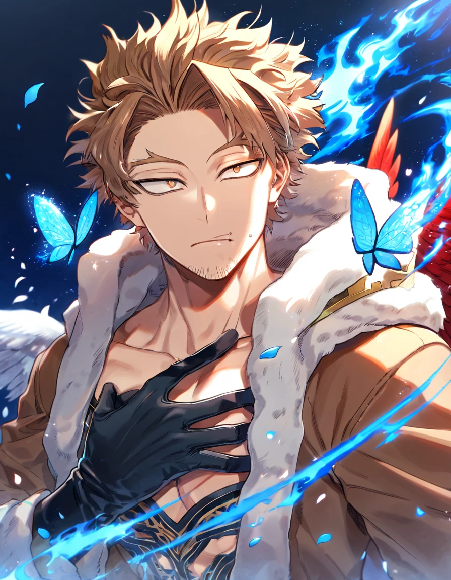 Ultra detailed, Highres, absurdres, HDR, Hawks, Takami Keigo, brown-blond hair, expressive brown-golden eyes, red wings, faint stubble on his chin, blue flowers, Boku No Hero Academia, petals, handsome, sexy man, solo, very detailed eyes and face, glittering blue butterflies, master piece, toned chest, glittering, fantasy, cross, blue background, blue flames, magical, fire, black shirt with patterns, black gloves, brown jacket with white fur,