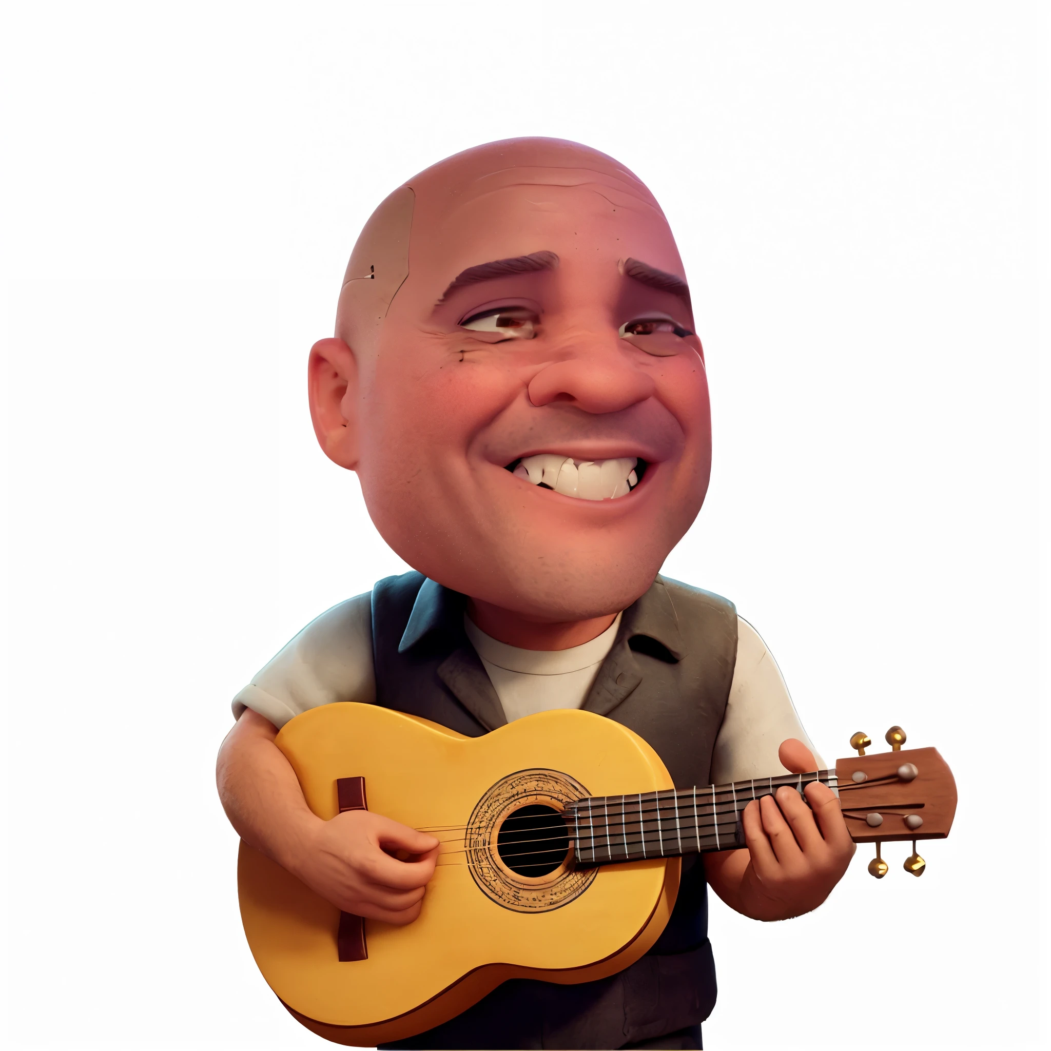 Transform the image of the bald man with the cavaquinho musical instrument in Disney Pixar style
