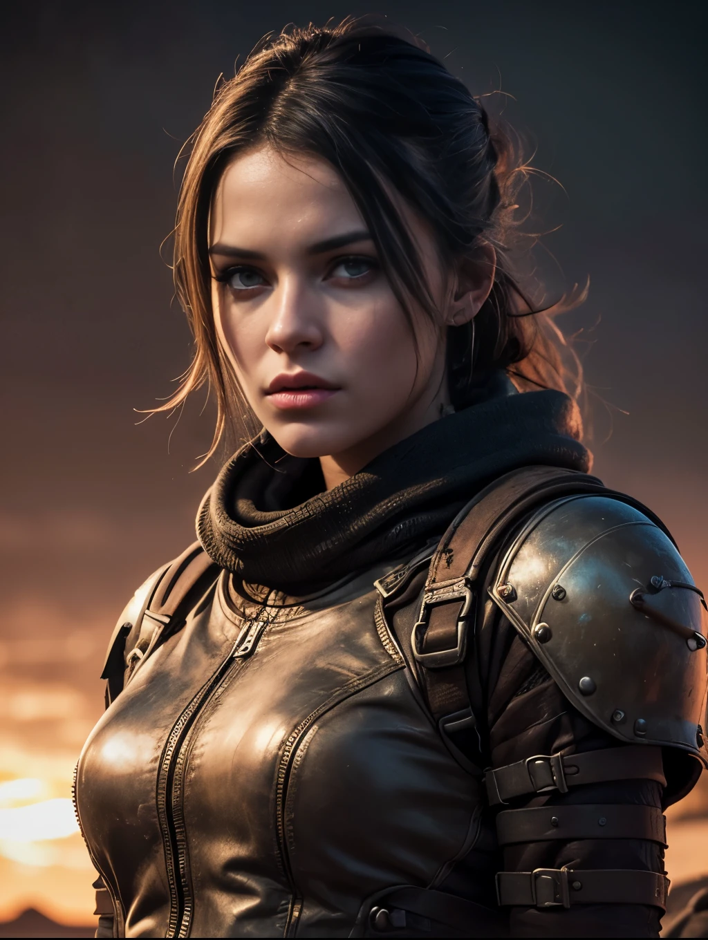 portrait ung woman ,science fiction, desert, punk, mad max , futuristic, post-apocalyptic, dark, dim light, ((masterpiece, best quality, )), twilight hour