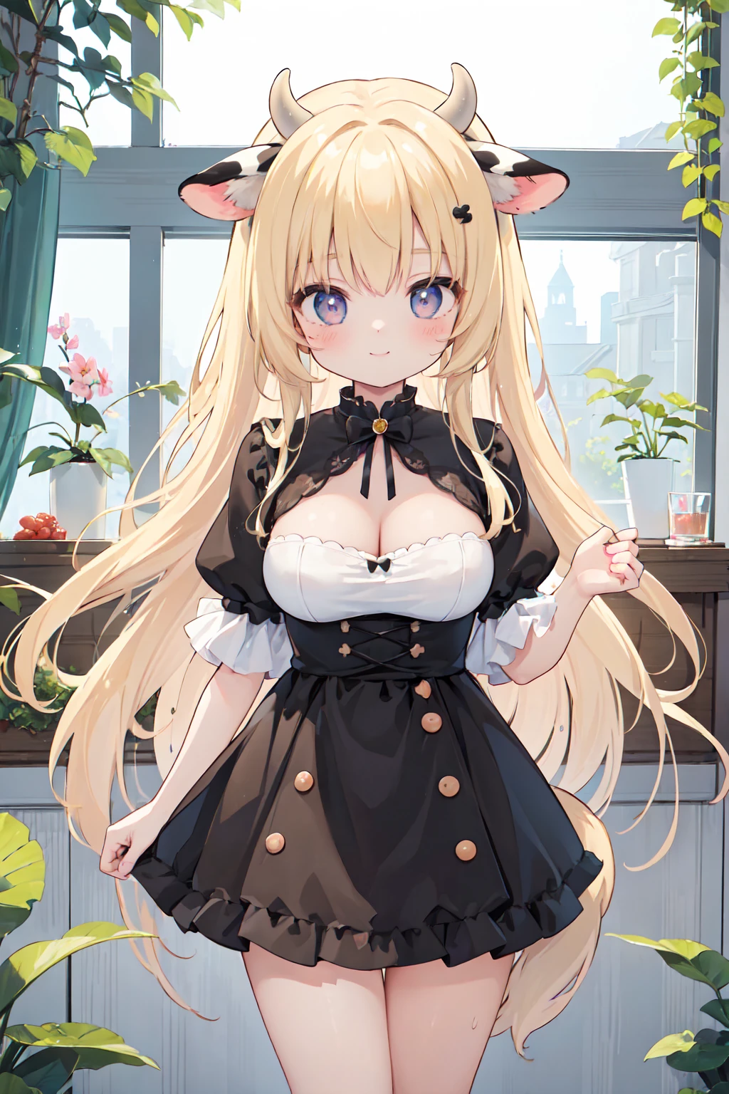 (((masterpiece))), high resolution, absurd, (((best quality))), official art, perfect lighting, looking at the viewer, aquarium, interior, 1 girl, light smile, Anime, cute, cow, long hair, blond hair, cow tail, cow horn, cow ears, animal ears, cow tail, large breasts, white background, (PastelColors: 1.3)