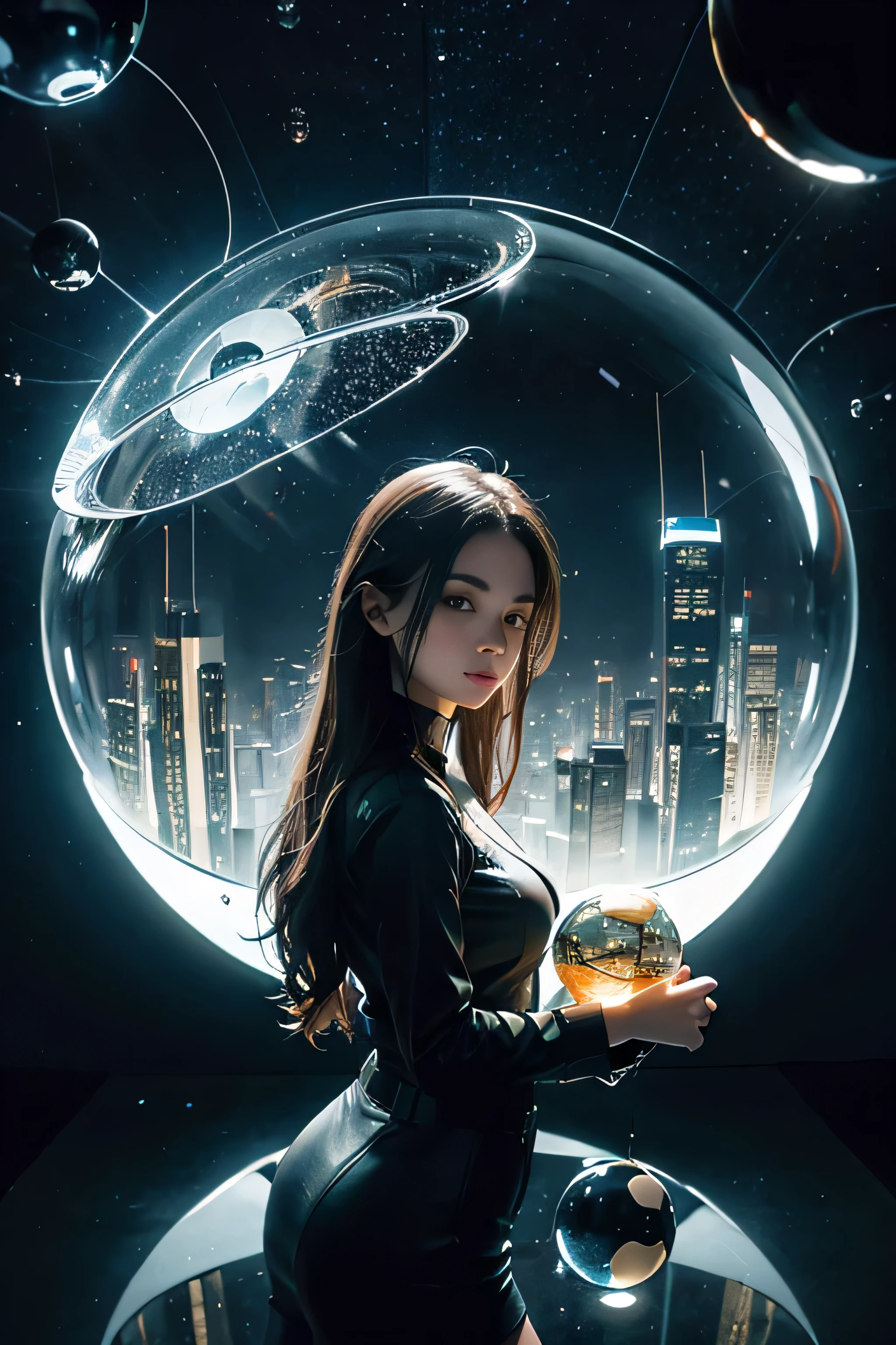 Young woman holding a utopian city in the crystal ball., small futuristic city inside the crystal ball