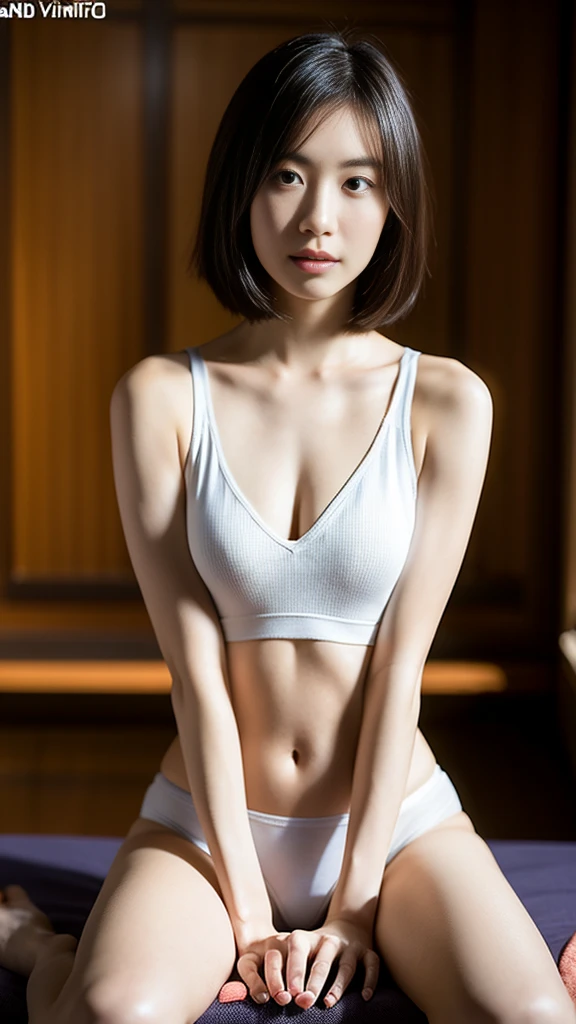 (High resolution、8k), Japanese girl,( Perfect Arms,Perfect hands,Perfect Fingers:2)，(Spread your legs:1.5),transparent,white,Panties made of triangular silk fabric with a small surface area :1.2),(white,Tight tank top:1.2) ,From the knee up､Stand with your back straight,Telephoto lens camera、Looking into the camera、(chest:1.2)、Thick and glossy lips、Kind eyes ,水色の壁に寄りかかってAre standing,(Are standing:1.5),belly button,(Light brown hair,Wolf Cut), barefoot ,Very realistic,Tanned healthy skin,Perfect hands,Perfect Arms,Perfect Fingers