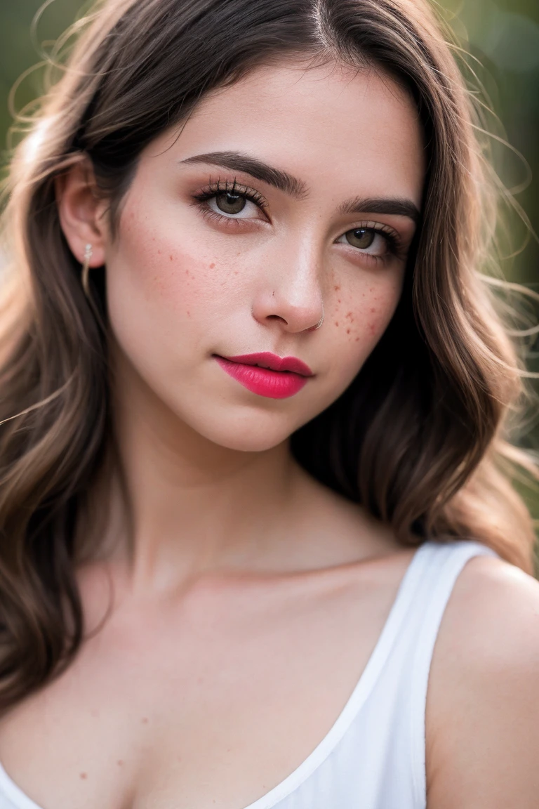 8k UHD, Alta calidad , foto cruda, professional photography , filmada con una Canon EOS 5D , Una mujer de tez blanca, con pecas, who has wavy brown hair, light brown eye color, con nariz respingada, labios gruesos y rosados.